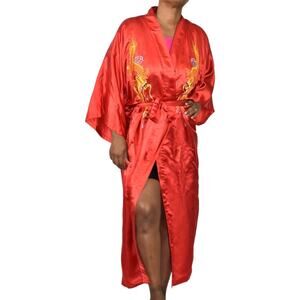 Embroidered Silk Robe Kimono Red Susi Dragon Wrap Chinese Asian Satin Size Large